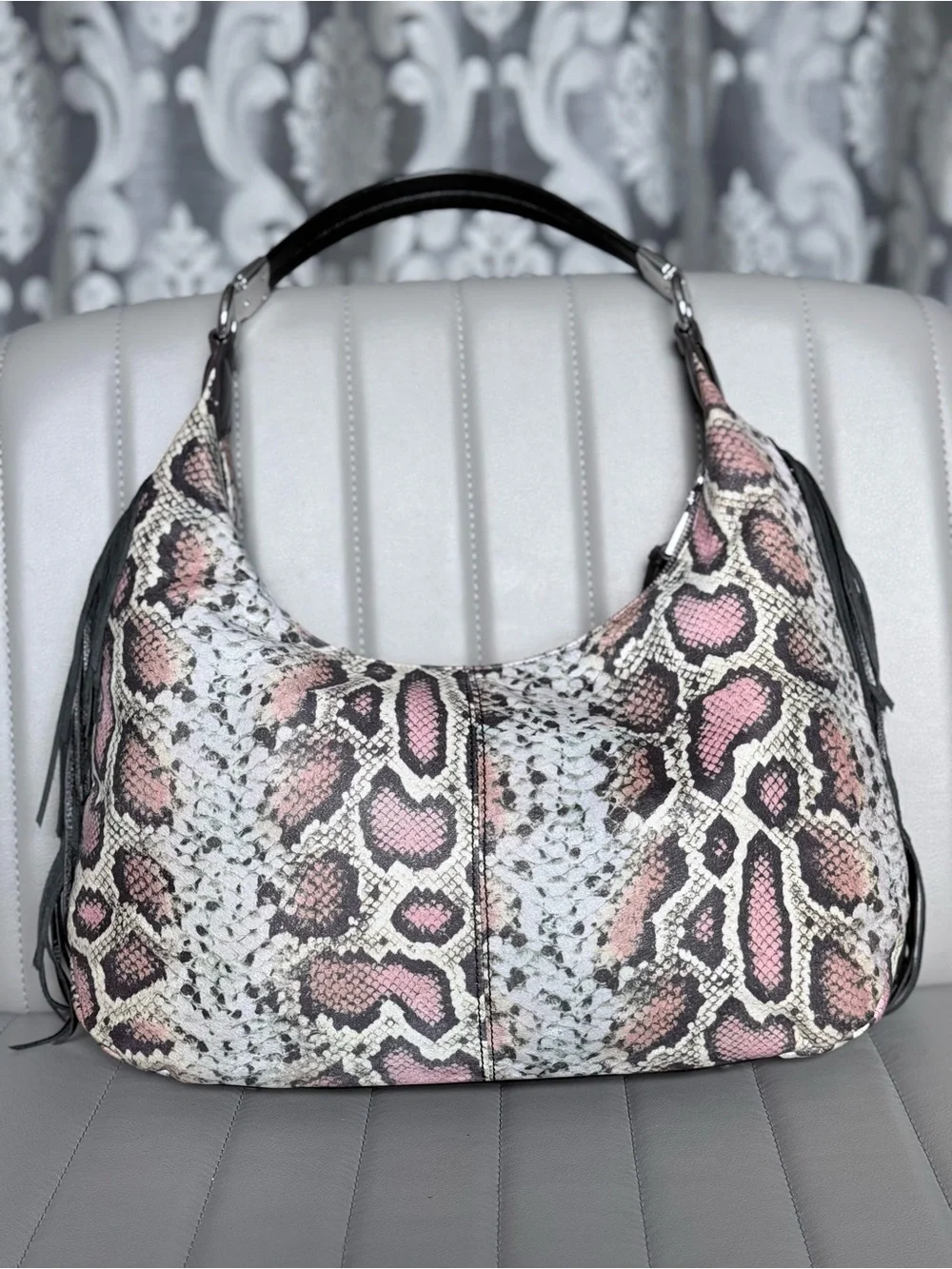 Aimee Kestenberg NWOT Fringe Hobo Snake-Print Western Chic Leather